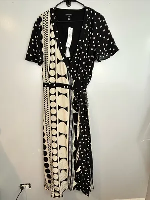 NWT Long Tall Sally Mix Spot Print Wrap Black/Ivory Polka Dot Maxi Dress Size 14 thumbnail 2