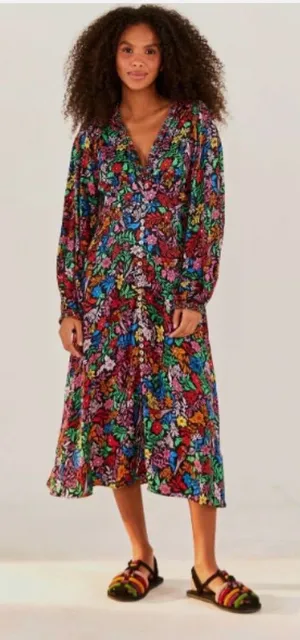 FARM Rio Tropical Garden Midi Dress V-Neck Viscose Size Large Retail $275🌺 thumbnail 1
