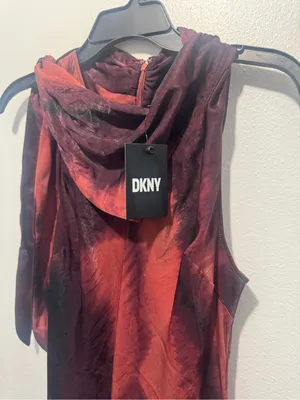 DKNY Sleeveless Tie-Neck Midi Dress in Burgundy and Coral Wash thumbnail 10