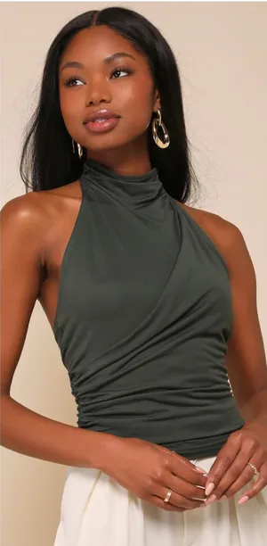 Lulus Cute Inspiration Dark Green Sleeveless Halter Top thumbnail 1