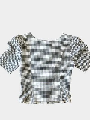 Vintage Richards Navy Gingham Puff Sleeve Button Blouse UK 10 US 6 thumbnail 2