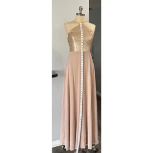 Lulus Maxi Dress XS Blush Tan Halter Sequined Top Chiffon Gown Party Bridesmaid thumbnail 6
