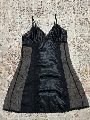 Vintage Fredericks of Hollywood black satin sheer mesh chemise slip dress size M thumbnail 2