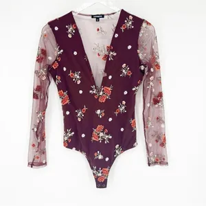 Express Mesh Floral Embroidered Long Sleeve V-Neck Bodysuit Women's‎ XS Coquette thumbnail 2