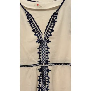 Boden Shift Dress Sz 16 Ivory Navy Blue Embroidered Linen V-Neck Boho Vacation thumbnail 6