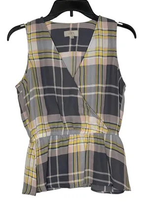 Loft Women Tank Top Semi Sheer V-Neck Plaid Peplum‎ Surplice Wrap Multicolor XS thumbnail 1
