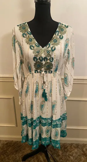 Anthropologie Me 2 Magic Boho Tassel Green White Sequin Dress Flutter Sleeve thumbnail 1