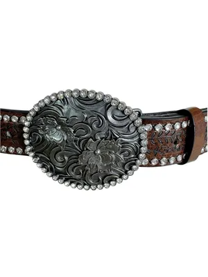 Western Tooled Large Buckle Belt with Rhinestones Brown thumbnail 6