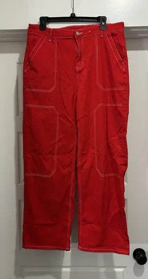 Women Straight Leg Stretch Jeans Size 16 Red Denim Mid Rise Game Day USA Preppy thumbnail 1