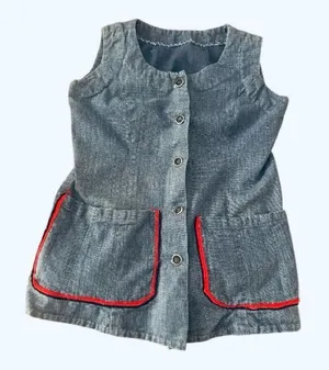 Vintage 70s blue button up vest red trim front pockets Handmade Small thumbnail 1