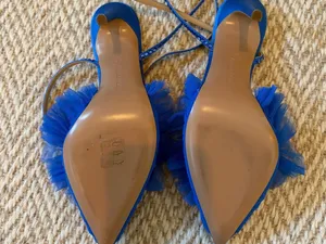 Like New! Andrea Wazen Blue Tulle Ruffle Ankle-Strap Stiletto Heels | Size 36.5 thumbnail 5