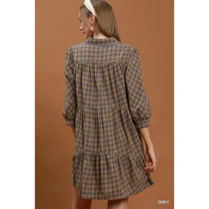 Umgee Plaid‎ Button Down Oversized Shirt Dress - Grey - Medium thumbnail 3
