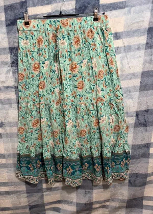 Women's Light Green Floral Print Boho Tiered Maxi Skirt with Smocked Waist thumbnail 1