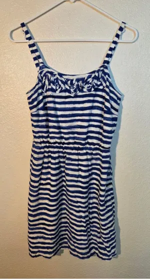 LOFT Women’s S Blue & White Striped Spaghetti Strap Sundress Floral Front Gather thumbnail 1
