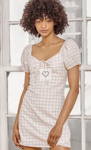 Lulus Love Sweetly Beige Gingham Puff Sleeve Mini Dress Checkered Beige White XL thumbnail 1