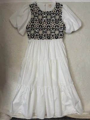Bibi Crochet Top Midi Dress Cottagecore Balloon Sleeve Peasant Pockets thumbnail 2