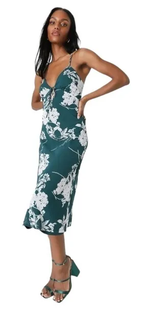 Lulu’s Flirtatious Essence Emerald Green Floral Lace Up Midi Dress US XS thumbnail 1