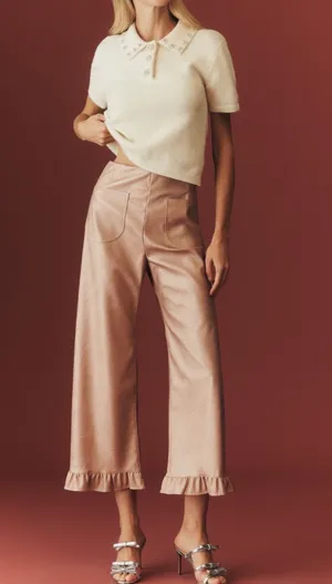Anthropologie Maeve The Colette Metallic Ruffle-Hem Faux Leather Pants, Size 27 Tall thumbnail 2