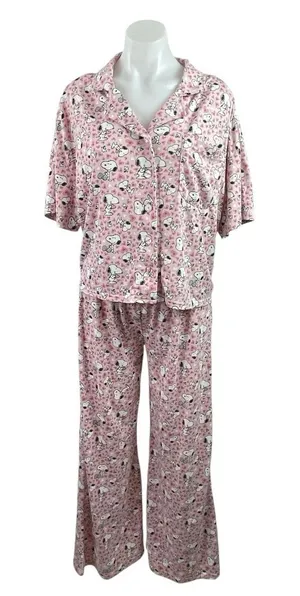 Munki Munki Peanuts Pink Short Sleeve Button Pants Sleepwear Pajamas Set Size M thumbnail 1