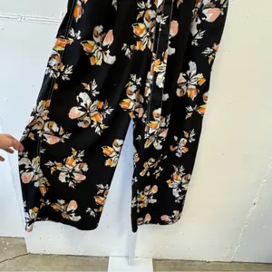 Who What Wear Floral Wide Leg Pants‎ Black Pink Orange Sz M Elastic Waist Belted thumbnail 4