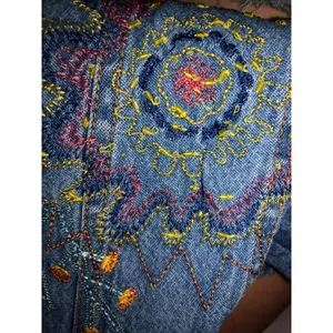Vintage Embroidered Denim Shacket Shirt Jacket Beaded Floral Artwear Boho Size M thumbnail 11