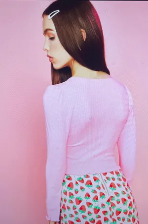 Dolls Kill Sugar Thrillz From Take A Bite Pink Strawberry Charm Flare Sleeve Crop Top, size S thumbnail 4
