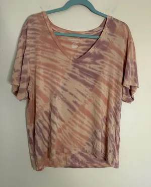 American Eagle Outfitters Short-Sleeve V-Neck Tie-Dye Top in Mauve and Peach thumbnail 1