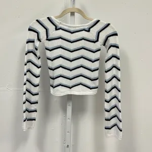 Subdued Chevron Zigzag Cropped Knit Top White Blue Square Neck Size S USA 4 Boho thumbnail 3
