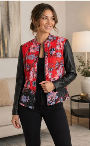 G.I.L.I. Got It Love It Floral Faux Leather Sleeve Zip Jacket Women’s Size 8 thumbnail 1