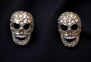 Silver tone pave skull post earrings thumbnail 1