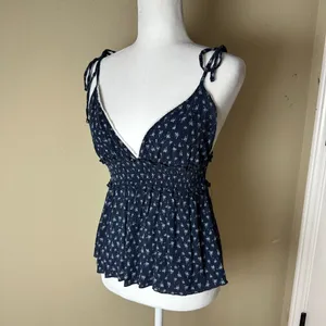 SYSTEMACTION Navy Blue Print Lace Trim Peplum Top Size Medium thumbnail 2