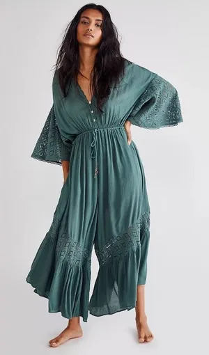 Free People Angela Jumpsuit Dried Pine Crochet Jumper Large Flowy Bohemian thumbnail 1