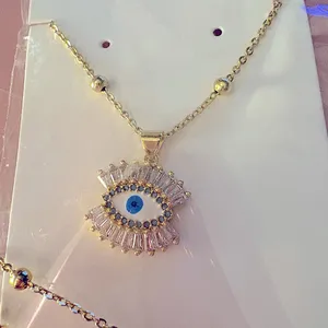 NEW‎ Handmade Evil Eye Yellow Gold Filled Simulated Diamond Necklace, 18-20” thumbnail 7