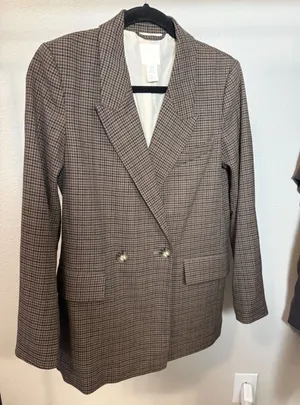 HM Womens Brown Houndstooth‎ Double Breasted Blazer Jacket XS thumbnail 1