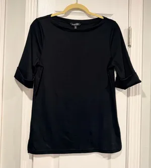 NWOT LRL Ralph Lauren Size L Black Top Cuffed Short Sleeve Stretch Classic Logo thumbnail 1