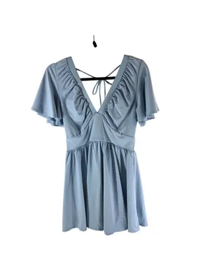 Halara V Neck Tie Back Short Sleeve Flowy Mini Babydoll Dress Light Blue S thumbnail 3