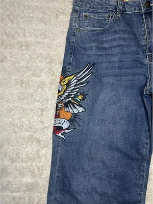 Ed Hardy medium wash embroidered eagle heart tattoo wide leg denim jeans Size 30 thumbnail 2