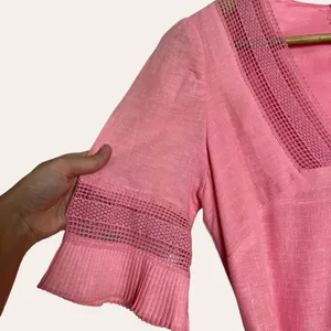 Vintage Pink Lace Trim Ruffle Flounce Hem Belted Midi Dress S thumbnail 3