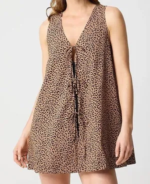 J Crew‎ Sleeveless Leopard Print Tie Front Tunic Top Women Size L thumbnail 1