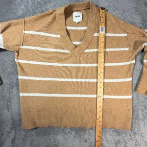 Aerie unREAL V-Neck Sweater Women S Beach Dune Cream Stripe Oversized Pullover thumbnail 6