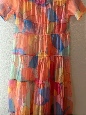 Sheer Multicolor Abstract Print Tiered Maxi Dress Short Sleeve Rainbow Medium thumbnail 7