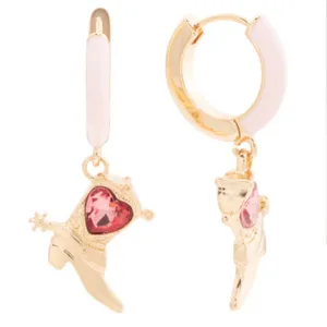 🩷👢BETSEY JOHNSON Cowboy Boot Enamel Huggie Earrings / Gold Pink Heart Crystal thumbnail 5