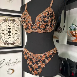 90s Vintage Wacoal Onvieve Set Floral Copper Metallic Mesh 34B Bra Thong Small thumbnail 2