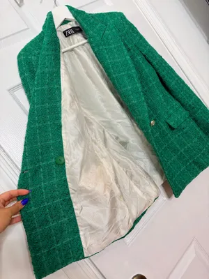 ZARA Green Bouclé Tweed Double Breasted Blazer Gold Button Quiet Luxury Preppy M thumbnail 9