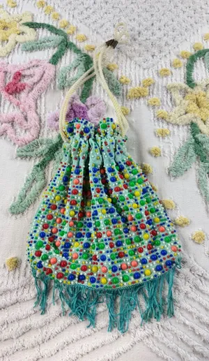 Vintage KBS Trading Co Honolulu Beaded Drawstring Pouch Bag Multi Color Fringe thumbnail 1