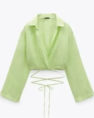 ZARA Green Linen Top thumbnail 1