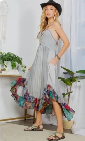 Young Threads NWT Boho Light Gray Maxi Dress with Patchwork Ruffle Hem thumbnail 1
