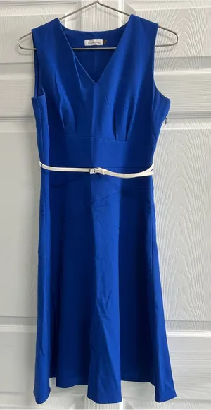 Calvin Klein Blue V-Neck A-Line Belted Lined Crepe Dress Sleeveless Size 6 VGUC thumbnail 1