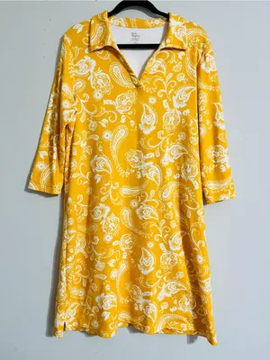Kim Rogers Mustard Yellow Paisley Tunic Shirt Dress L Cotton Preppy Retro Mod thumbnail 1