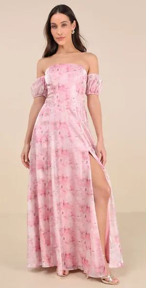 Lulus Idyllic Charisma Light Pink Floral Off-the-shoulder Maxi Dress - Size XS thumbnail 1
